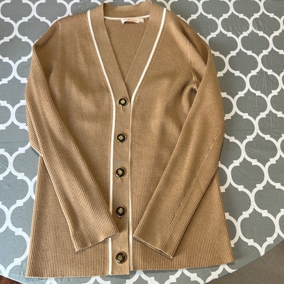 Tory Burch Ribbed Merino Wool Blend Simone Cardigan - Picture 7 of 9